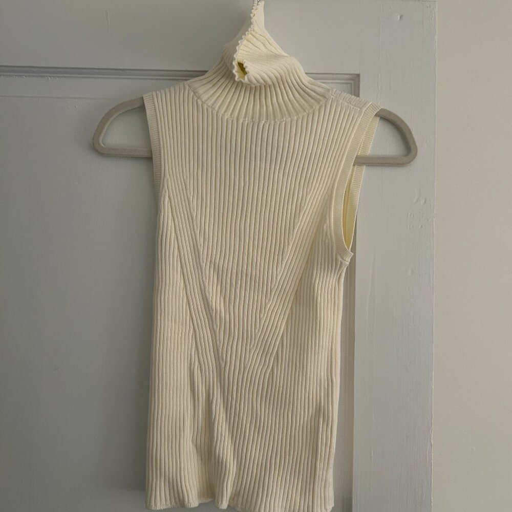 Cream Lands' End Fine Gauge Cotton Turtleneck Sleeveless Sweater